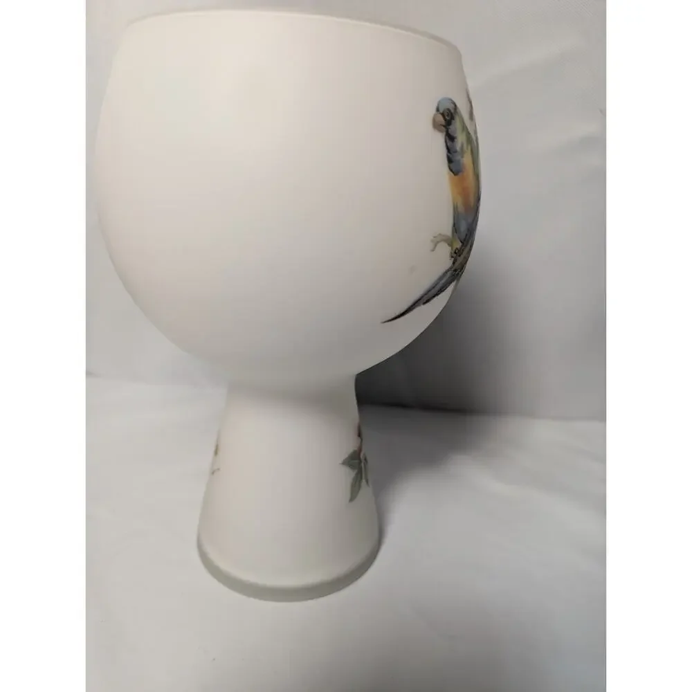 Vintage Norleans Frosted Satin Glass Vase Birds Floral Hand painted 1960
